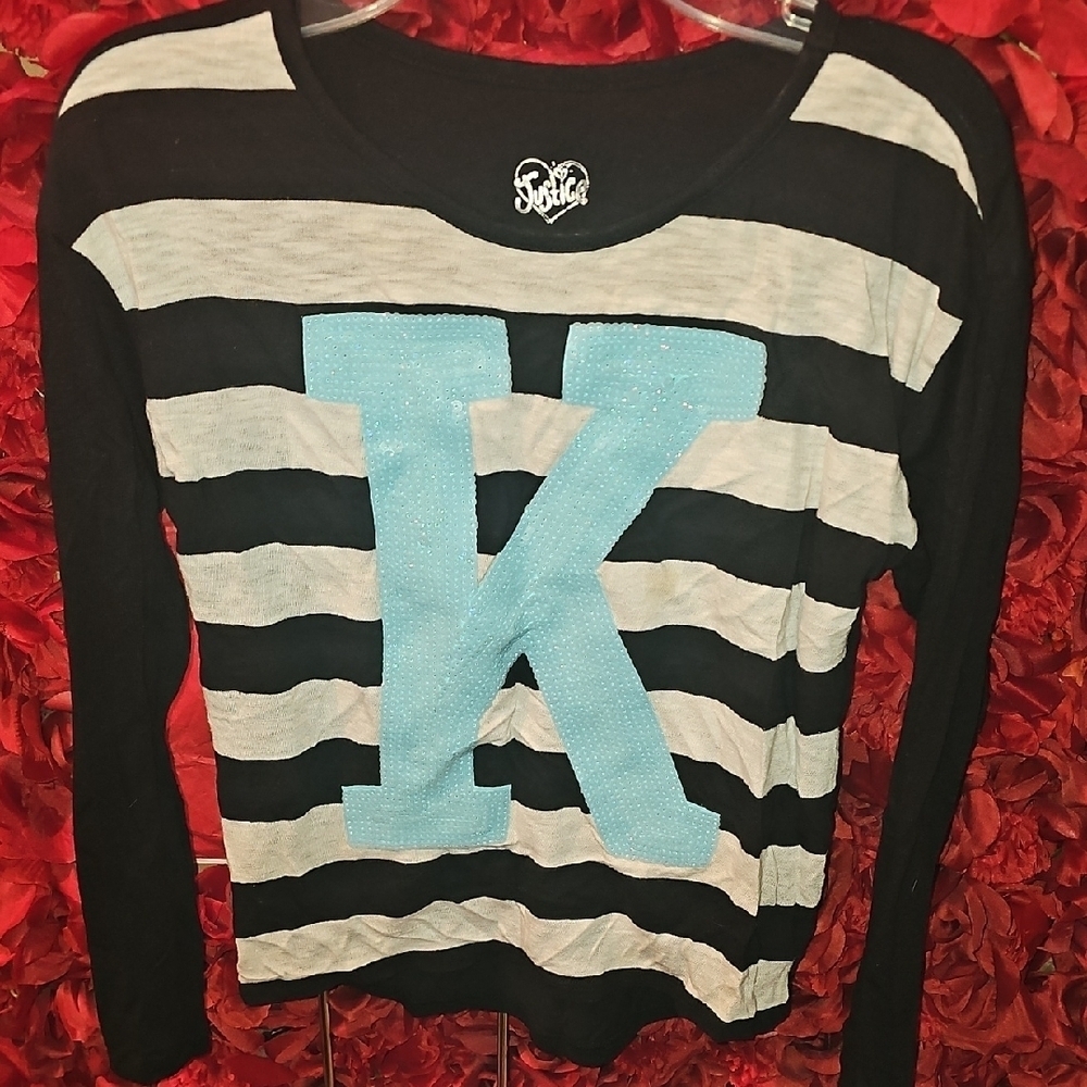 Justice Girls Striped Black and White Long Sleeve Top with Blue 'K' Size 8/10